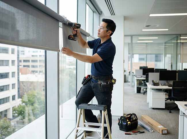 Nhân viên kỹ thuật lắp rèm cuốn văn phòng